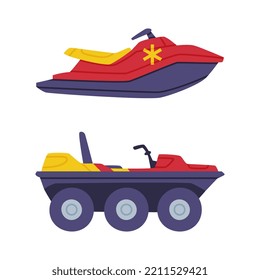 Red and Yellow Heavy Machinery and Motor Boat as Rescue Equipment and Emergency Vehicle for Urgent Saving of Life Vector Set