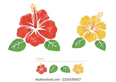 Red and yellow hibiscus flowers, leaves, vector illustration