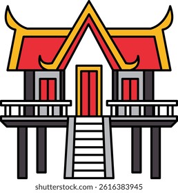 A red and yellow house with a red door. The house is on a pier and has a staircase leading up to it