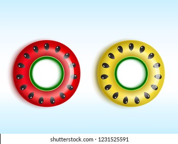 Red and yellow inflatable rings with watermelon and melon seeds patterns top view 3d realistic vector illustrations isolated on white background. Summer vacation, pool swimming, fun on beach concept