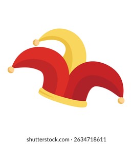 Ícone vermelho e amarelo do chapéu de bobo. Chapéu de bobo de circo isolado no fundo branco. Humor e foolery para performance de comédia. Ilustração vetorial