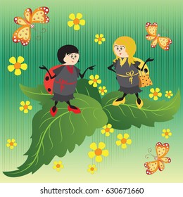 Red and yellow ladybugs. Drawing for kids. Nature. The cartoon characters. Design for banner, poster, children's goods, textiles, emblems, books, and background image.