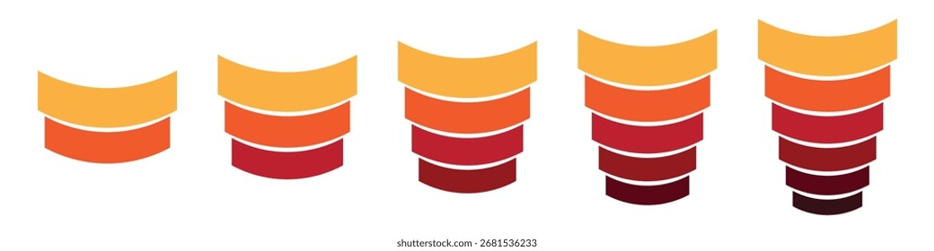 Infografía en forma de curva en capas de color amarillo rojo para el progreso, el crecimiento y el desarrollo del negocio. 2, 3, 4, 5 y 6 partes