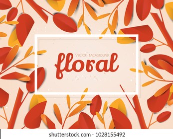 Red and yellow leaves flat lay on light orange background, paper art/paper cutting style