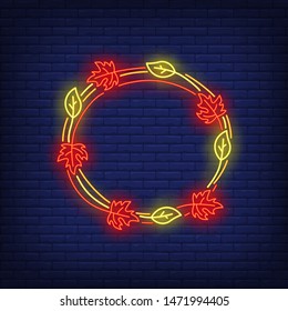 Red and yellow leaves frame neon sign. Autumn, decoration design. Night bright neon sign, colorful billboard, light banner. Vector illustration in neon style.