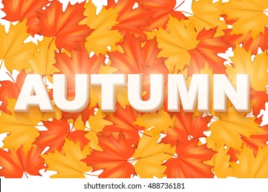 Red and Yellow Leaves Pattern with word Autumn. Horizontal format. Vector Illustration isolated on white background.