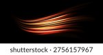 Red yellow light trail element. Glowing neon speed line waves. Hot fire color luminous curved path concept. Abstract bent dynamic motion stripes. Shiny gold streaks for poster, banner, flyer. Vector