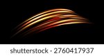 Red yellow light trail element. Glowing neon speed line wave. Hot fire color luminous curved path concept. Abstract bent dynamic motion stripes. Bright fiery streaks for poster, banner, flyer. Vector