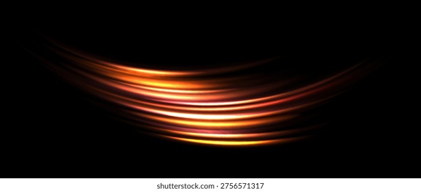Red yellow light trail element. Glowing neon speed line wave. Hot fire color luminous curved path concept. Abstract bent dynamic motion stripes. Shiny golden streaks for poster, banner, flyer. Vector