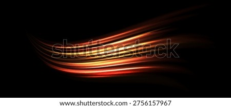 Red yellow light trail element. Glowing neon speed line waves. Hot fire color luminous curved path concept. Abstract bent dynamic motion stripes. Shiny gold streaks for poster, banner, flyer. Vector