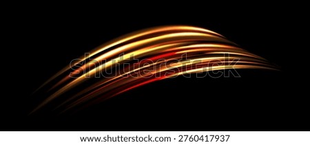 Red yellow light trail element. Glowing neon speed line wave. Hot fire color luminous curved path concept. Abstract bent dynamic motion stripes. Bright fiery streaks for poster, banner, flyer. Vector