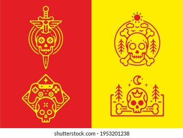Red and yellow line art design of head skull illustration design