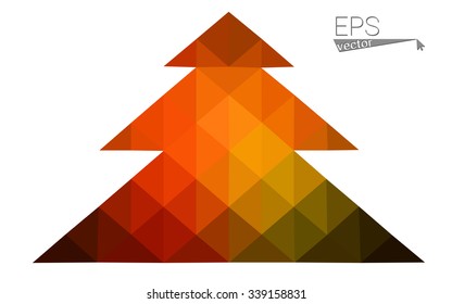 Red, yellow low polygon style christmas tree vector illustration consisting of triangles.Abstract triangular polygonal origami or crystal design of New Years celebration. Isolated on white background.