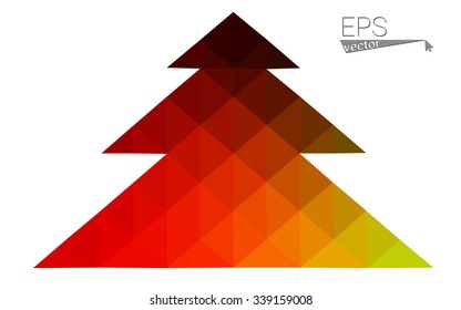 Red, yellow low polygon style christmas tree vector illustration consisting of triangles.Abstract triangular polygonal origami or crystal design of New Years celebration. Isolated on white background.