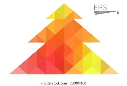 Red, yellow low polygon style christmas tree vector illustration consisting of triangles.Abstract triangular polygonal origami or crystal design of New Years celebration. Isolated on white background.