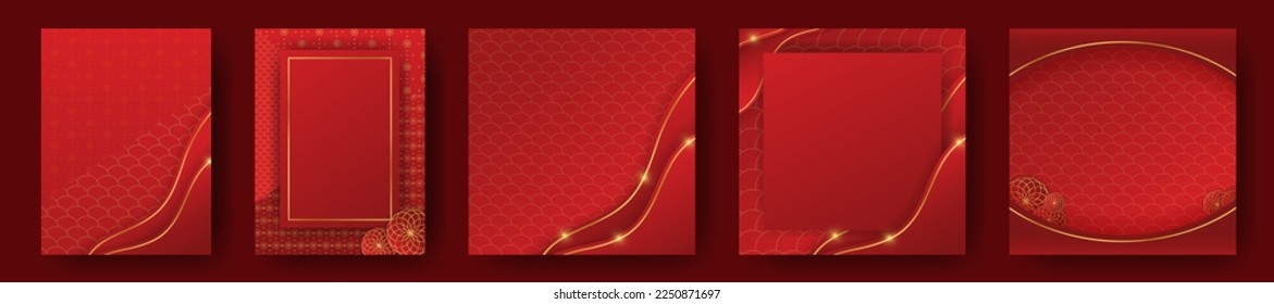 Red and Yellow Lunar New Year Template Design Set. Beautiful oriental background posters, greeting cards, social media card. Blank Chinese New Year layouts. Editable Vector Illustration.