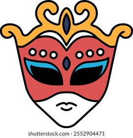 A red and yellow mask with a gold crown on top. The mask is drawn in a cartoon style