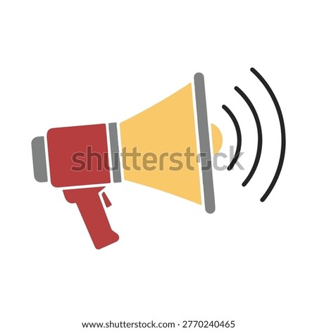 Red and yellow megaphone with sound waves emanating, symbolizing announcement and communication.