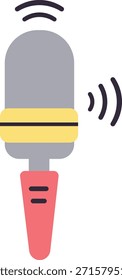 Ilustración de micrófono rojo y amarillo que representa la actuación en vivo, hablar en público, transmisión, comunicación de audio y tecnología de entretenimiento en diseño plano.