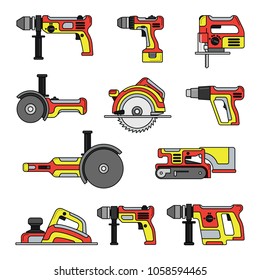 Red and yellow modern power tools set.