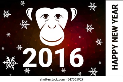 red, yellow monkey silhouette postcard low poly style with white snow vector illustration consisting of triangles. Abstract triangular polygonal origami or crystal background of New Years celebration.