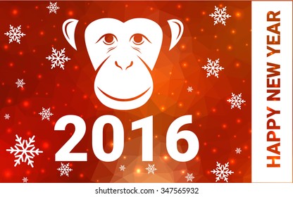red, yellow monkey silhouette postcard low poly style with white snow vector illustration consisting of triangles. Abstract triangular polygonal origami or crystal background of New Years celebration.