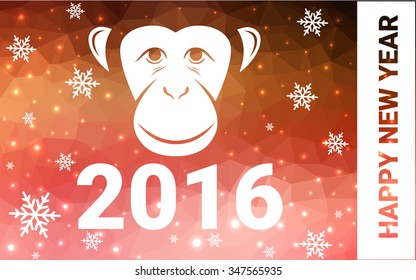 red, yellow monkey silhouette postcard low poly style with white snow vector illustration consisting of triangles. Abstract triangular polygonal origami or crystal background of New Years celebration.