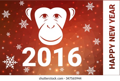 red, yellow monkey silhouette postcard low poly style with white snow vector illustration consisting of triangles. Abstract triangular polygonal origami or crystal background of New Years celebration.