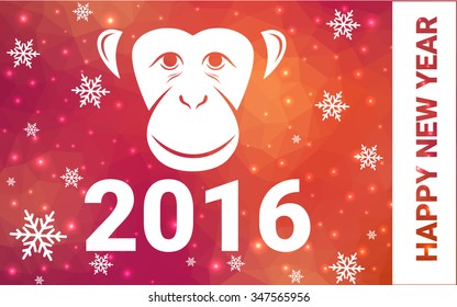 red, yellow monkey silhouette postcard low poly style with white snow vector illustration consisting of triangles. Abstract triangular polygonal origami or crystal background of New Years celebration.