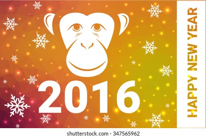 red, yellow monkey silhouette postcard low poly style with white snow vector illustration consisting of triangles. Abstract triangular polygonal origami or crystal background of New Years celebration.