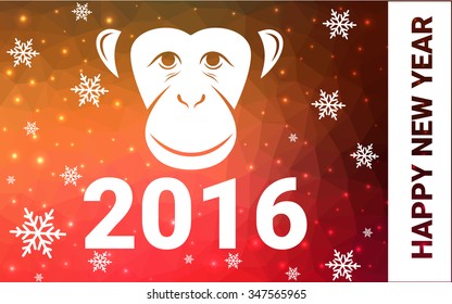 red, yellow monkey silhouette postcard low poly style with white snow vector illustration consisting of triangles. Abstract triangular polygonal origami or crystal background of New Years celebration.