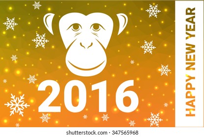 red, yellow monkey silhouette postcard low poly style with white snow vector illustration consisting of triangles. Abstract triangular polygonal origami or crystal background of New Years celebration.