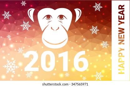red, yellow monkey silhouette postcard low poly style with white snow vector illustration consisting of triangles. Abstract triangular polygonal origami or crystal background of New Years celebration.