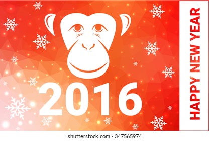 red, yellow monkey silhouette postcard low poly style with white snow vector illustration consisting of triangles. Abstract triangular polygonal origami or crystal background of New Years celebration.