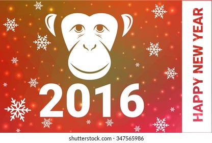 red, yellow monkey silhouette postcard low poly style with white snow vector illustration consisting of triangles. Abstract triangular polygonal origami or crystal background of New Years celebration.