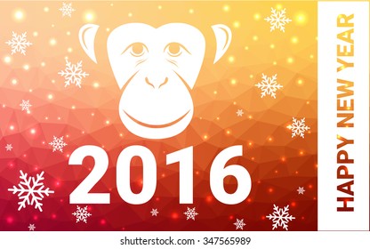 red, yellow monkey silhouette postcard low poly style with white snow vector illustration consisting of triangles. Abstract triangular polygonal origami or crystal background of New Years celebration.
