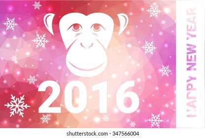 red, yellow monkey silhouette postcard low poly style with white snow vector illustration consisting of triangles. Abstract triangular polygonal origami or crystal background of New Years celebration.