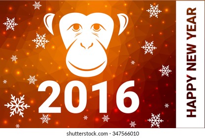 red, yellow monkey silhouette postcard low poly style with white snow vector illustration consisting of triangles. Abstract triangular polygonal origami or crystal background of New Years celebration.