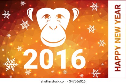 red, yellow monkey silhouette postcard low poly style with white snow vector illustration consisting of triangles. Abstract triangular polygonal origami or crystal background of New Years celebration.