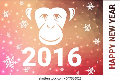 red, yellow monkey silhouette postcard low poly style with white snow vector illustration consisting of triangles. Abstract triangular polygonal origami or crystal background of New Years celebration.