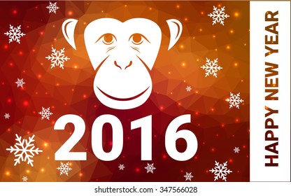 red, yellow monkey silhouette postcard low poly style with white snow vector illustration consisting of triangles. Abstract triangular polygonal origami or crystal background of New Years celebration.