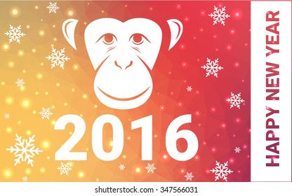 red, yellow monkey silhouette postcard low poly style with white snow vector illustration consisting of triangles. Abstract triangular polygonal origami or crystal background of New Years celebration.