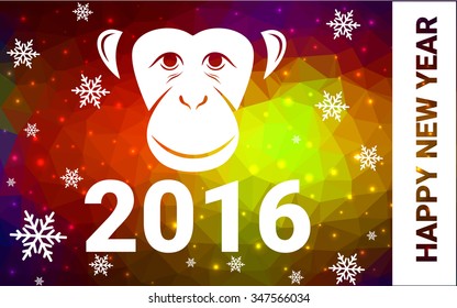 red, yellow monkey silhouette postcard low poly style with white snow vector illustration consisting of triangles. Abstract triangular polygonal origami or crystal background of New Years celebration.