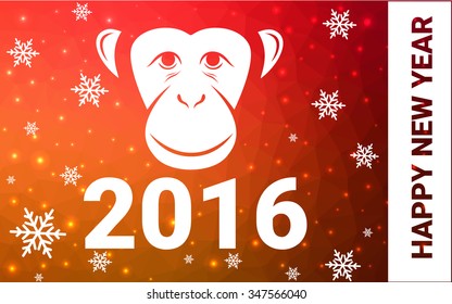 red, yellow monkey silhouette postcard low poly style with white snow vector illustration consisting of triangles. Abstract triangular polygonal origami or crystal background of New Years celebration.