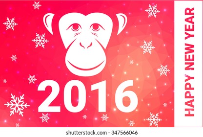 red, yellow monkey silhouette postcard low poly style with white snow vector illustration consisting of triangles. Abstract triangular polygonal origami or crystal background of New Years celebration.
