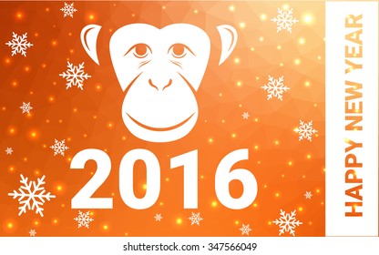 red, yellow monkey silhouette postcard low poly style with white snow vector illustration consisting of triangles. Abstract triangular polygonal origami or crystal background of New Years celebration.