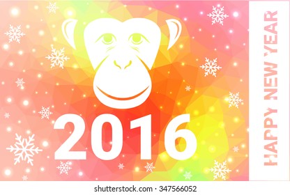 red, yellow monkey silhouette postcard low poly style with white snow vector illustration consisting of triangles. Abstract triangular polygonal origami or crystal background of New Years celebration.
