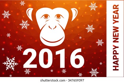 red, yellow monkey silhouette postcard low poly style with white snow vector illustration consisting of triangles. Abstract triangular polygonal origami or crystal background of New Years celebration.