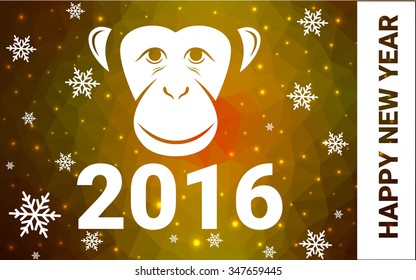 red, yellow monkey silhouette postcard low poly style with white snow vector illustration consisting of triangles. Abstract triangular polygonal origami or crystal background of New Years celebration.