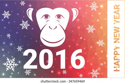 red, yellow monkey silhouette postcard low poly style with white snow vector illustration consisting of triangles. Abstract triangular polygonal origami or crystal background of New Years celebration.